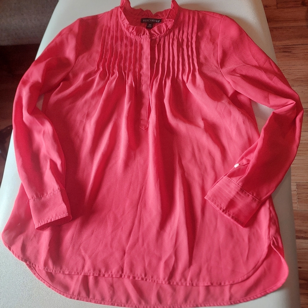 JCrew Mercantile Coral Pink Pleated Long Sleeve Blouse with Mandarin Collar